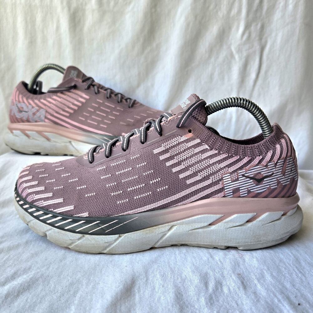 Hoka One One Clifton 5 Knit Women's Running Walking Shoes Cameo Pink/Gray Size 9